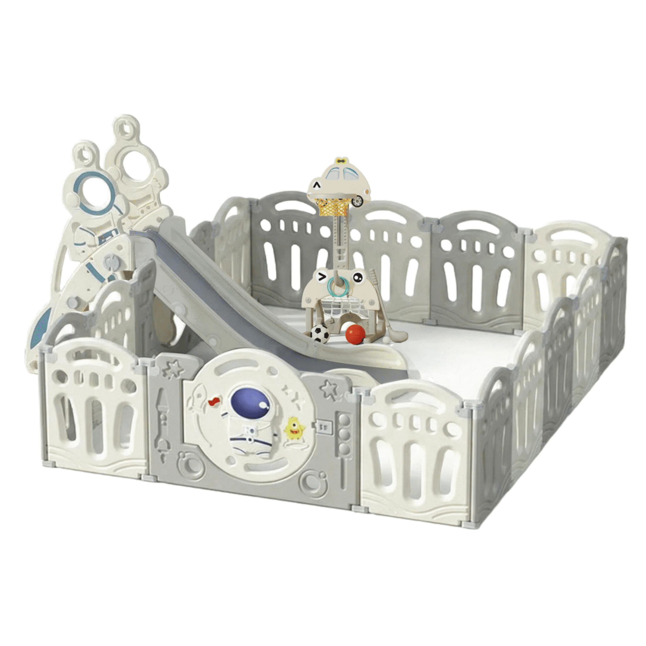 EaseBaby Baby Playard,Infant Playpen with 14 Panels & 2 Game Doors,Toddler Fence with Slide and Basketball Hoop for Chlid ,Unisex,Grey&White
