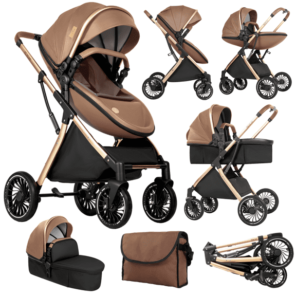 EaseBaby Baby Stroller,Convertible Newborn Pram with PU Leather,Big Wheel Pushchair for Toddler(0-36),Khaki