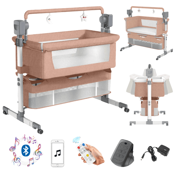 EaseBaby Convertible Baby Bassinet, 2-in-1 Rocking Cradle with Storage Bag and Music for Newborn,Unisex,KHAKI