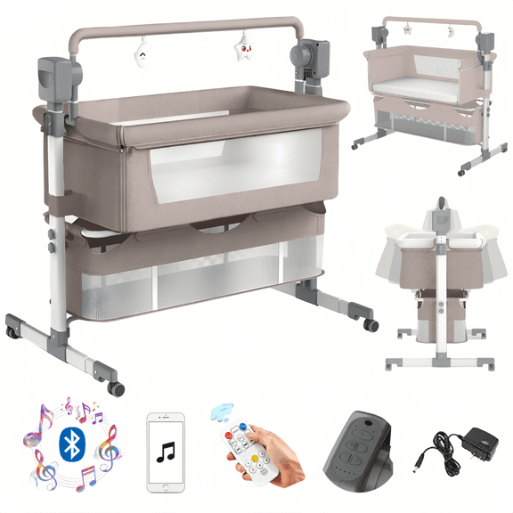EaseBaby Electric Baby Bassinet & Bedside Sleeper,Poldable Baby Crib with Bluetooth music and 3-Level Height Adjustment,Unisex,KHAKI
