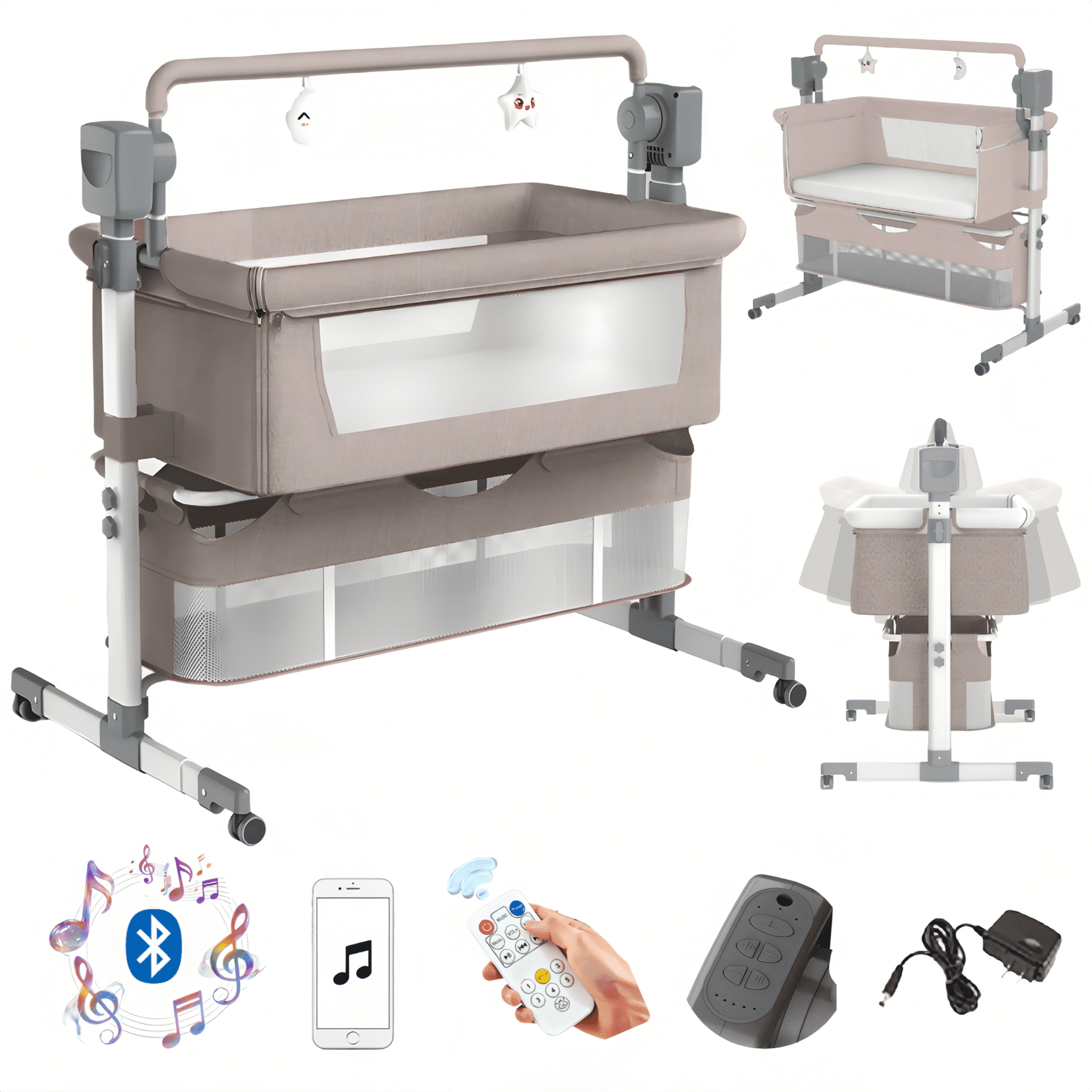 EaseBaby Electric Baby Bassinet & Bedside Sleeper,Poldable Baby Crib with Bluetooth music and 3-Level Height Adjustment,Unisex,KHAKI