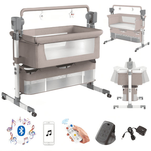 EaseBaby Electric Baby Bassinet & Bedside Sleeper,Poldable Baby Crib with Bluetooth music and 3-Level Height Adjustment,Unisex,KHAKI