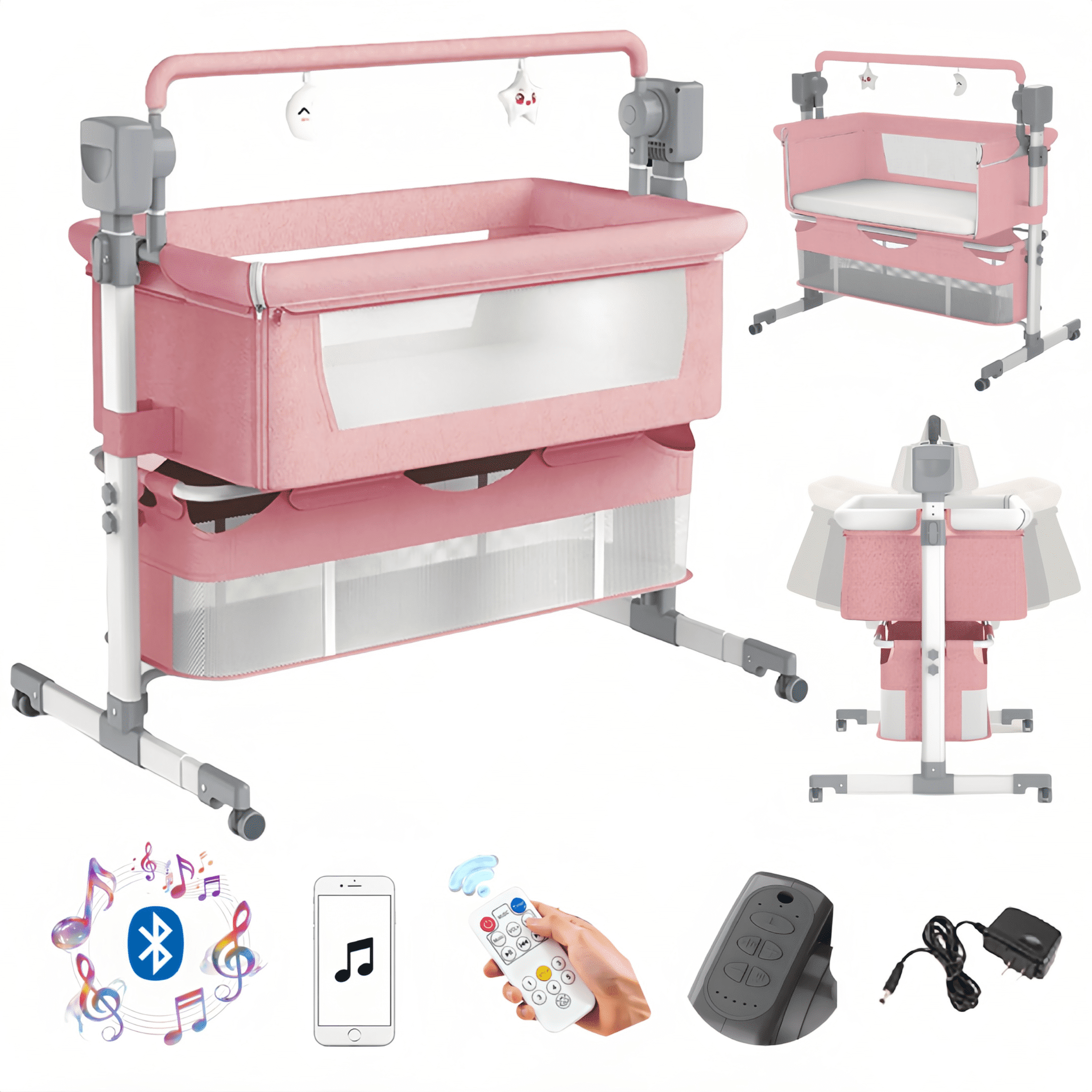 EaseBaby Electric Baby Bassinet & Bedside Sleeper,Poldable Baby Crib with Bluetooth music and 3-Level Height Adjustment,Unisex,PINK