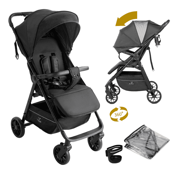 EaseBaby Lightweight Foldable Baby Stroller,Compact Travel Pushchair, Infant Carriage with Cup Holder & Rain Cover, for 0-36 Months,Unisex,BLACK