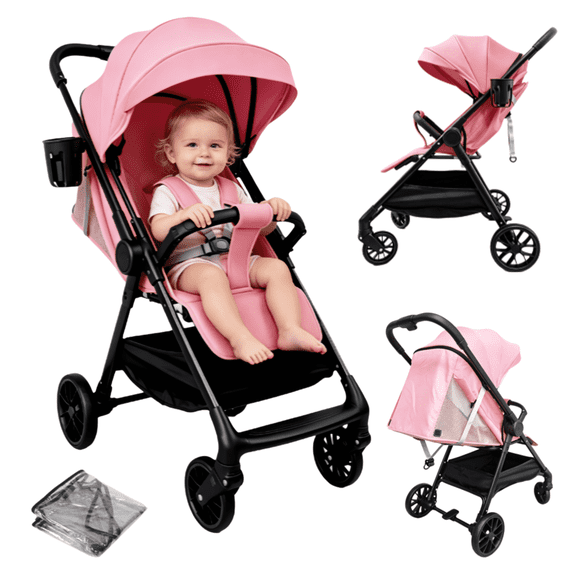 EaseBaby Lightweight Foldable Baby Stroller,Compact Travel Pushchair, Infant Carriage with Cup Holder & Rain Cover, for 0-36 Months,Unisex,PINK