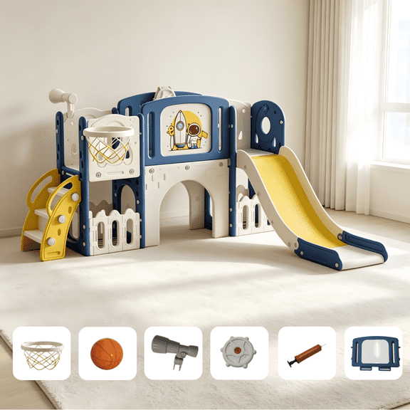 EaseBaby Toddler Slide,Indoor/Outdoor 8 in 1 Kids Slide Set with Basketball Hoop and Telescope for Age 1-6,Unisex,Blue&Yellow