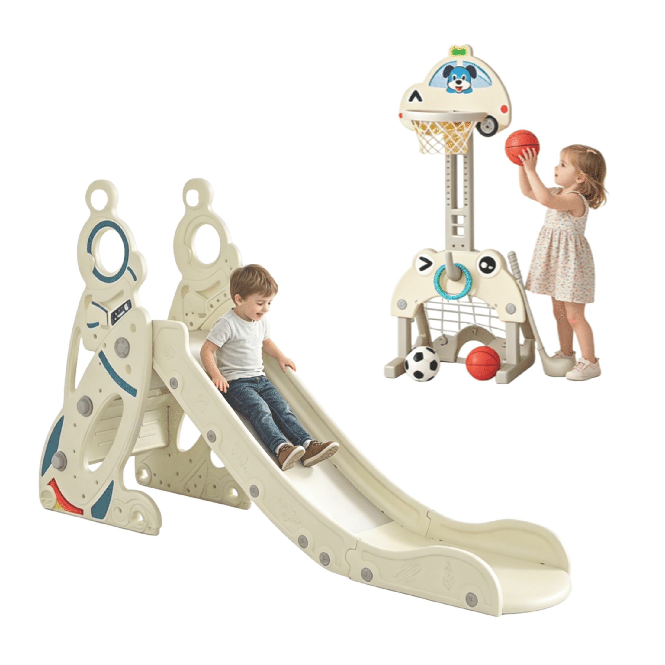 EaseBaby Toddler Slide,Kids Climbing Slide with 4-in-1 Basketball Hoop,Playground Set , Ages 5+ Months,Unsex, Gray White