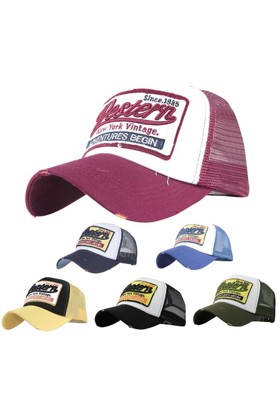 Half Mesh Baseball Cap, Vintage Washed Denim Trucker Cap with Embroidery Western Cotton Sun Hat, Adjustable Unisex Outdoor Travel Visor, 1 Pack