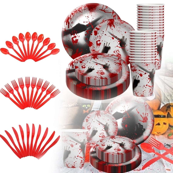 EaseDay Halloween Party Supplies Bloody Handprint Dinnerware Set Horror Birthday Decorations Spooky Tableware for Summerween Party Decorations