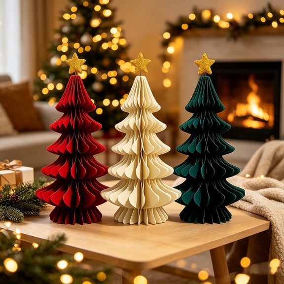 EaseDay Honeycomb Paper Christmas Tree Table Decorations 3D Folding Centerpiece Festive Desktop Ornaments Holiday Decor Party Supplies Sprucing Up Desk Mantel Shelf