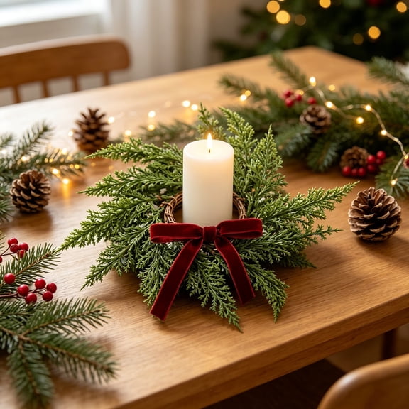 EaseDay Lifelike Artificial Cedar Christmas Candle Rings Small Wreaths Greenery With Velvet Red Bow For Pillar Candles Table Centerpiece Holiday Home Decor