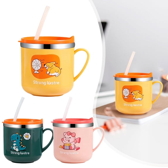 EaseDay Stainless Steel Cartoon Mug 250ml Insulated Water Cup with Lid and Straw for Daily Hydration Travel Coffee Mug for Home and Office Use