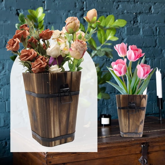 EaseDay Vintage Wooden Barrel Planter, Rustic Solid Wood Whiskey Barrel Flower Pot with Durable Metal Handles and Frame, Decorative Garden Plant Pot, 1 Pack