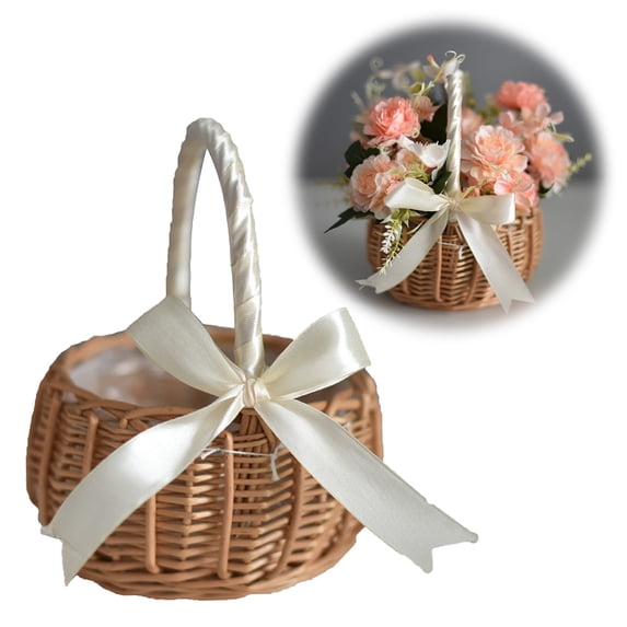 EaseDay Wicker Flower Basket, Rattan Woven Wedding Flower Girl Baskets with Handle, Portable Small Storage Organizer for Candy and Home Decor, 1 Count