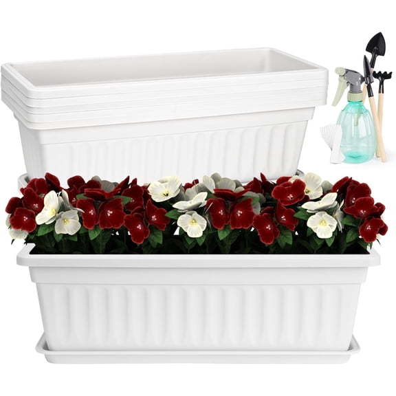 EaseDay Window Planter Box, 17 Inch Rectangular Planters for Outdoor Plants with Drainage Holes and Trays, Plastic Flower Boxes for Windowsill, 1 Pack