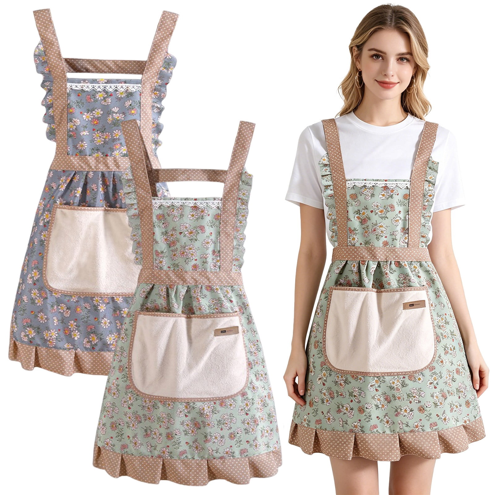 EaseDay Women Aprons with Pockets, Floral Cotton Kitchen Apron for Cooking and Baking, Vintage Style Pink Garden Apron Dress, Soft Mandiles para Mujer