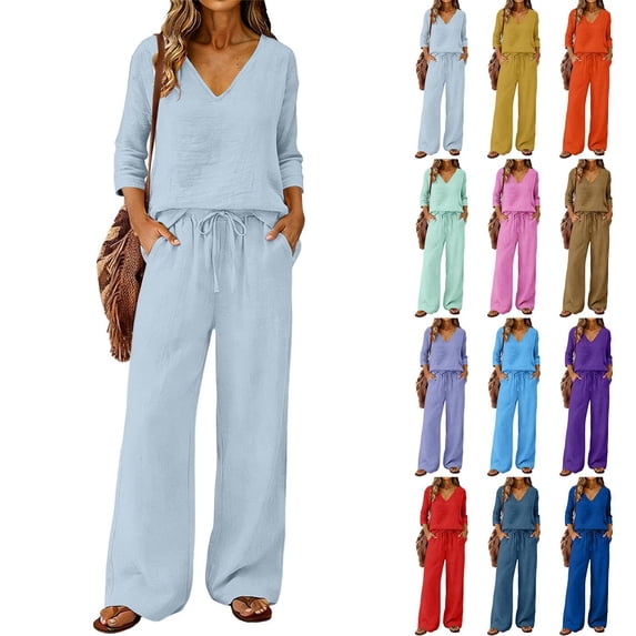 EaseDay Women's 2 Piece Lounge Pajama Set, Soft 3/4 Sleeve V Neck Top and Wide Leg Pants, Comfy Matching Sets for Women Summer Loungewear Outfit
