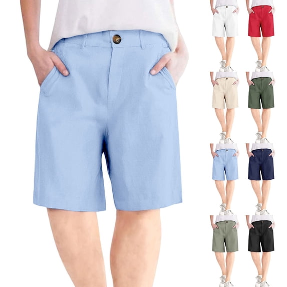 EaseDay Women's Linen Bermuda Shorts Summer Casual High Waisted Lightweight Athletic Elastic Waist Comfortable Dressy Shorts for Women with Pockets