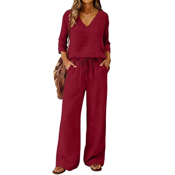 EaseDay Womens 2 Piece Lounge Pajama Sets Soft 3/4 Sleeve V Neck Tops and Wide Leg Pants Casual Matching Outfits with Pockets Elastic Waist Wine Red