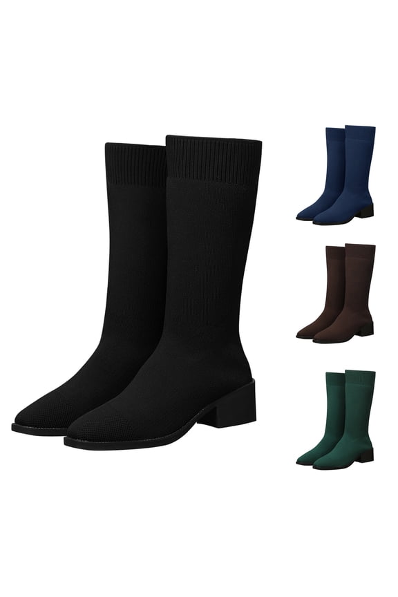 Womens Knee High Boots, Stretch Sock Boots For Women With Low Block Heel, Comfortable Slip On Fashion Boots, Fall Winter Dress Boots For Women