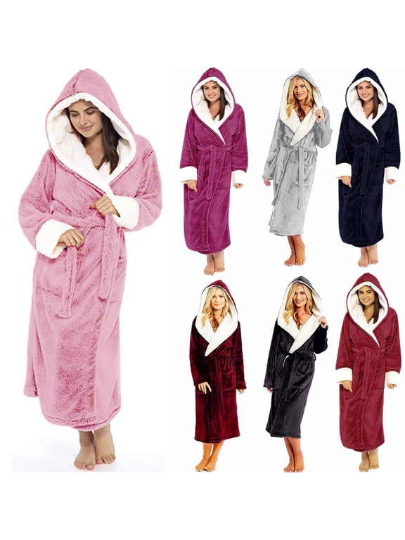 Womens Plush Fleece Hooded Bathrobe, Long Fuzzy Robe for Women, Thick Warm Loungewear, Comfortable Soft Nightgown with Belt and Pockets