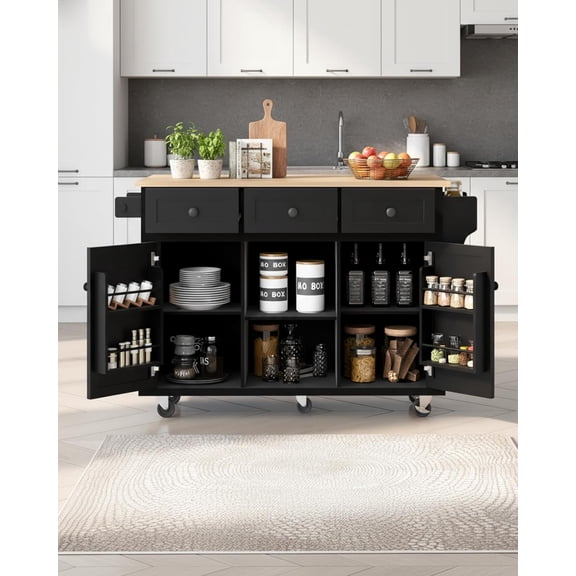 EaseLivin Mobile Kitchen Island with Drop Leaf: 53.1" Rubber Wood Butcher Block Table, Portable Rolling Kitchen Cart with Storage Cabinets and Drawers, Home Bar Countertop for Dining Room, Black