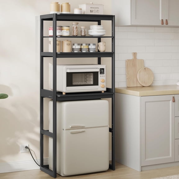 Easeen 66.9" Bakers Rack w/ Power Outlet, 4-Tier Coffee Bar Table, Adjustable Shelf, Mini Fridge & Microwave Stand, Black UKKS043B01