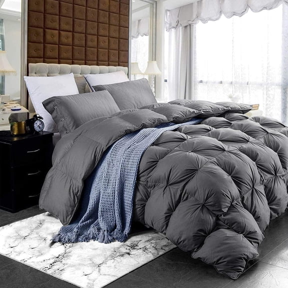 Easeen Super King Gray Pinch Pleat Goose Down Comforter, 120x120, 85oz, 100% Egyptian Cotton, Baffle Box Design, Luxurious & Warm