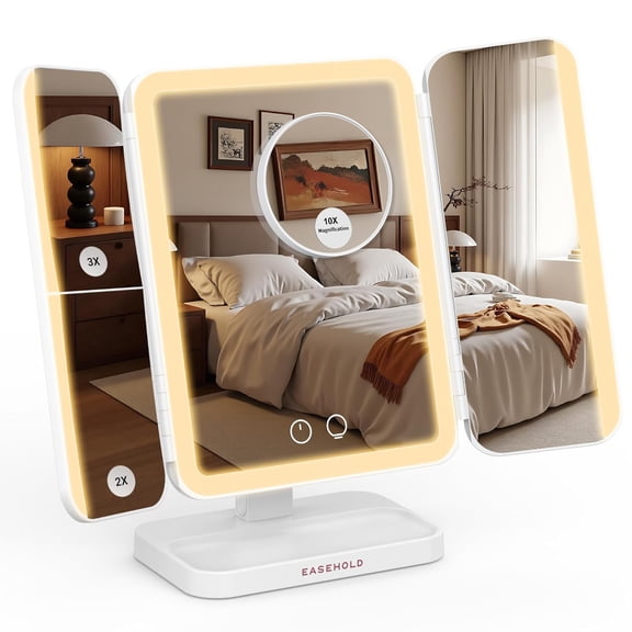 Easehold Trifold Lighted Makeup Mirror with 10X Magnification, 3 Color Lights Dimmable, Touch Control