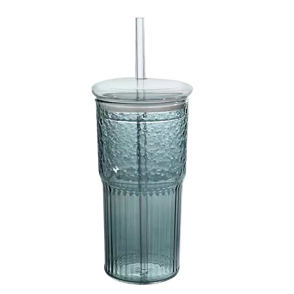 Easeky 20 Oz Clear Glass Tumbler with Lid & Straw, Vintage Ripple Iced Coffee Cup, Bpa-Free Borosilicate Smoothie Mug, Dishwasher Safe for Home Bar Travel Gift, Glass*1+Lid*1+Straw*1