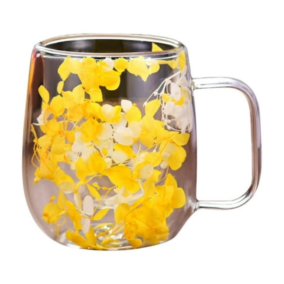 Easeky 200-Ml Double-Walled Dried-Flower Glass Cup, Insulated Tea Coffee Mug with Floating Petals, Clear Resin Handle, Gift for Bridesmaids & Home Barista, 1 Cup