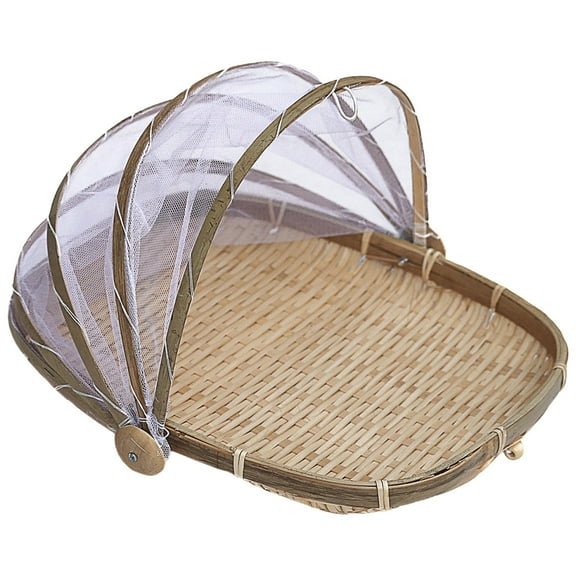 Easeky Foldable Woven Bread Basket With Mesh Cover, 13.4in Anti-Insect Bamboo Storage Bin for Fruits Vegetables Picnic Camping