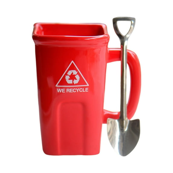 Easeky Funny Trash Can Shape Ceramic Coffee Mug with Handle & Shovel Spoon, 12Oz Novelty Square Tea Cup, Creative Garbage Bin Drinkware Gift for Office Desk, Dishwasher Safe, Water Cup *1, Spoon *1