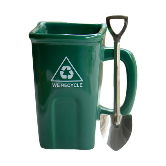 Easeky Funny Trash Can Shape Ceramic Coffee Mug with Handle & Shovel Spoon, 12Oz Novelty Square Tea Cup, Creative Garbage Bin Drinkware Gift for Office Desk, Dishwasher Safe, Water Cup *1, Spoon *1