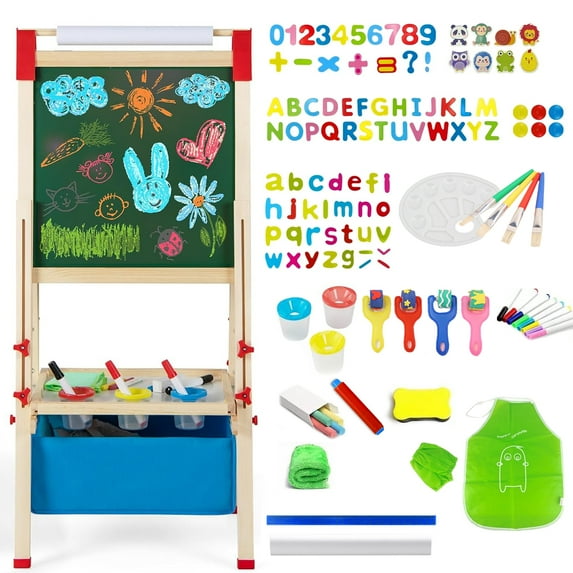 Easel for Kids, All in 1 Double Sided Wooden Art Easel w/Magnetic Chalkboard, Whiteboard, Paper Roll, Storage Tray & Bag, Letters & Numbers Magnets, Height Adjustable Toddler Easel