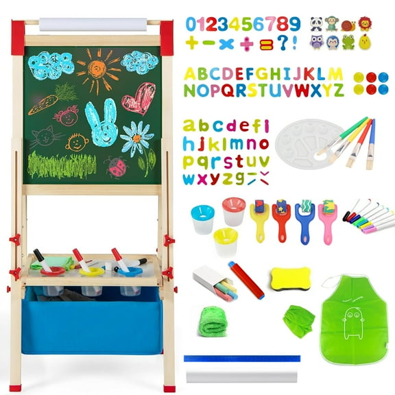 Easel for Kids, All in 1 Double Sided Wooden Art Easel w/Magnetic Chalkboard, Whiteboard, Paper Roll, Storage Tray & Bag, Letters & Numbers Magnets, Height Adjustable Toddler Easel