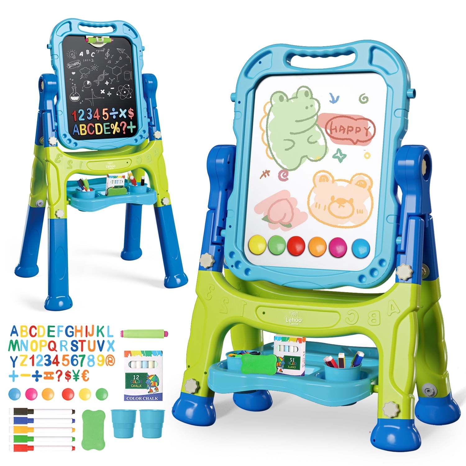 Easel for Kids, 4 in 1 Double Side Magnetic Chalk Board with Painting Accessories, Adjustable Standing Art Easel for Toddler, Kids Art Easel for Boys Girls Birthday Gift - Blue