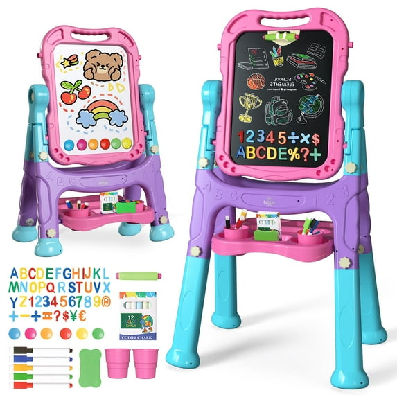 Easel for Kids, 4 in 1 Double Side Magnetic Chalk Board with Painting Accessories, Adjustable Standing Art Easel for Toddler, Kids Art Easel for Boys Girls Birthday Gift - Blue Purple