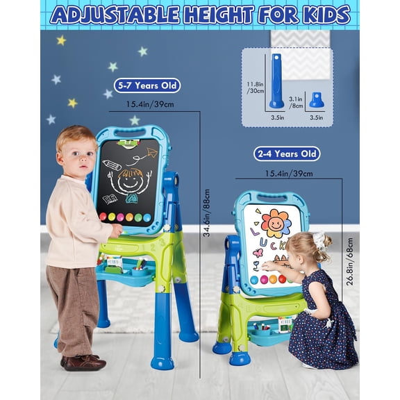 Easel for Kids, 4 in 1 Double Sided Kids Art Easel with Magnetic White Board & Chalk Board, Adjustable Standing Toddler Easel with Drawing & Writing Accessories - Gift for Boys and Girls
