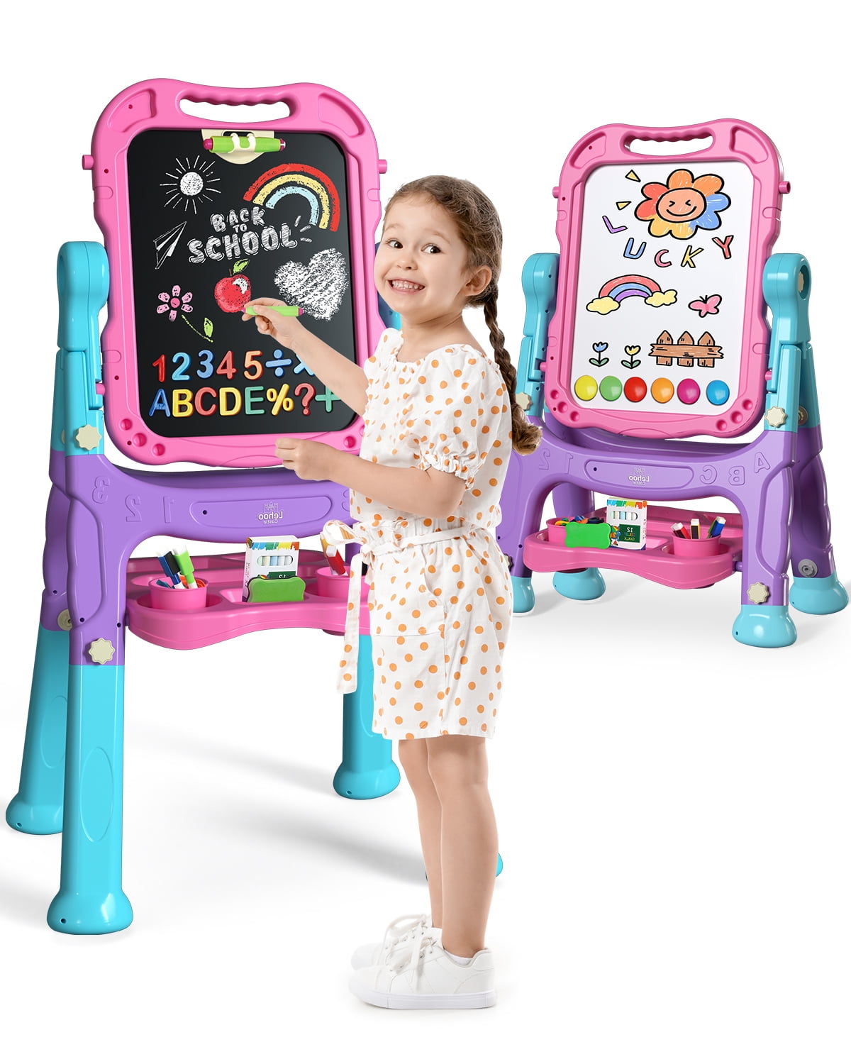 Easel for Kids, 4 in 1 Rotatable Double Sided Adjustable Standing Kids Art Easel Drawing Board White Board Chalkboard with Painting Accessories - Pink