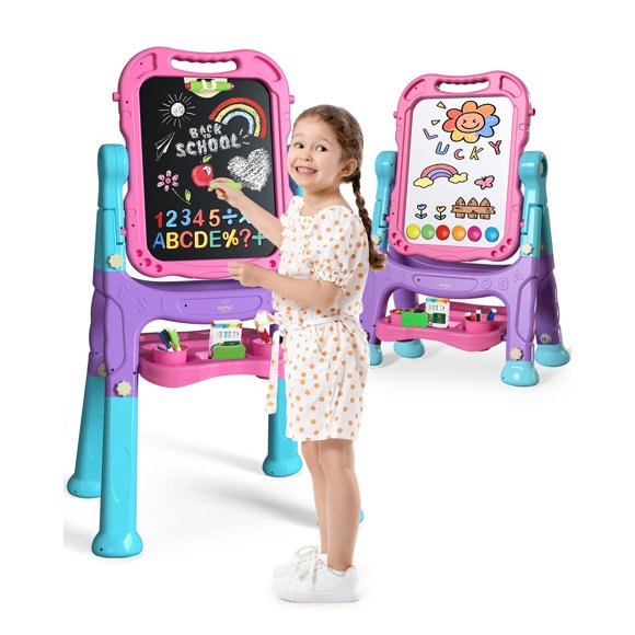 Easel for Kids, 4 in 1 Rotatable Double Sided Adjustable Standing Kids Art Easel Drawing Board White Board Chalkboard with Painting Accessories - Pink