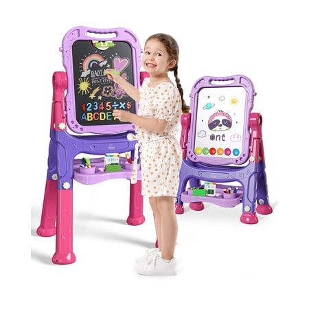 Easel for Kids, 4 in 1 Rotatable Double Sided Adjustable Standing Kids Art Easel Drawing Board White Board Chalkboard with Painting Accessories - Purple