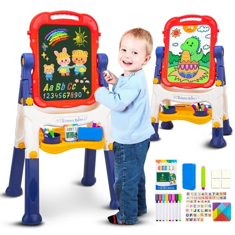 Xueyu Art Easel for Kids, Double Sided Kids Art Easel with Magnetic White Board Chalk Board, Adjustable Standing & Rotatable Toddler Easels with Drawing Accessories, Gift for Boys and Girls-Blue