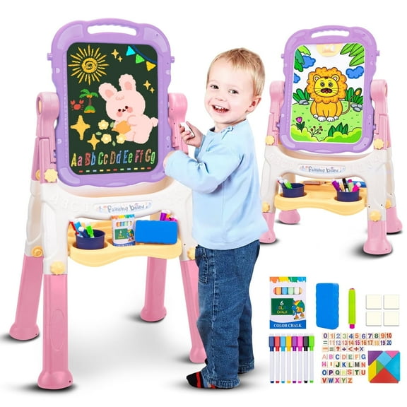 XUEYU Easel for Kids, Adjustable Standing Art Easel for Toddler, Double Magnetic White Board & Chalkboard Drawing Board with Painting Accessories, Birthday Christmas Gift Toddlers Boys and Girls