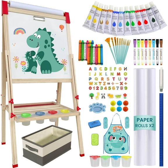 Easel for Kids,Adjustable Wooden Art Easel for Toddlers,114+ Art Supplies,Double Sided Magnetic Chalkboard and White Board for Kid,Drawing and Painting for Aged 2-4,5-7,8-12,with 2 Paper Rolls