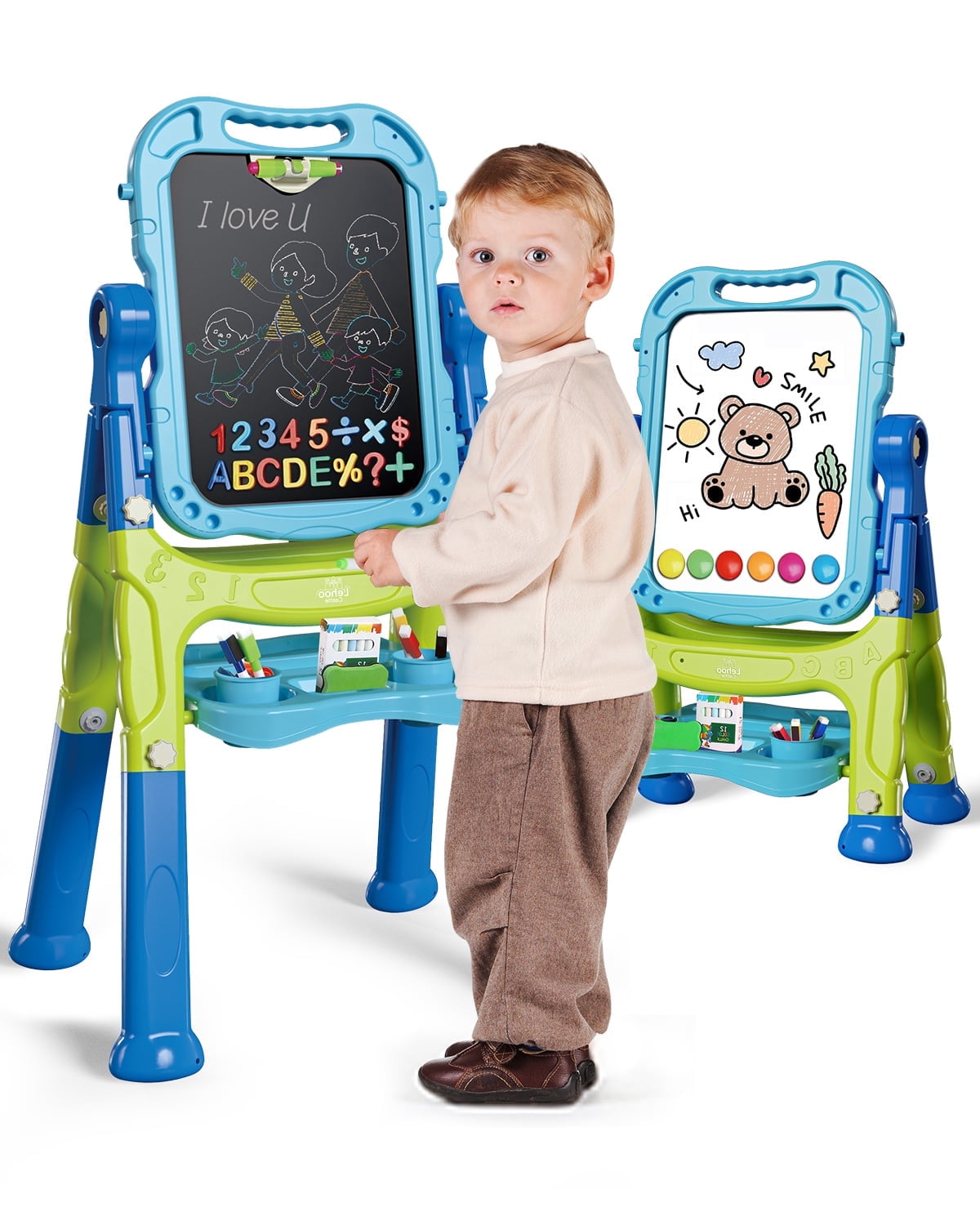 Easel for Kids, Kids Easel 4 in 1 Rotatable Double Sided Adjustable Standing Art Easel Drawing Board White Board Chalkboard for Toddlers Boys Girls with Painting Accessories - Blue