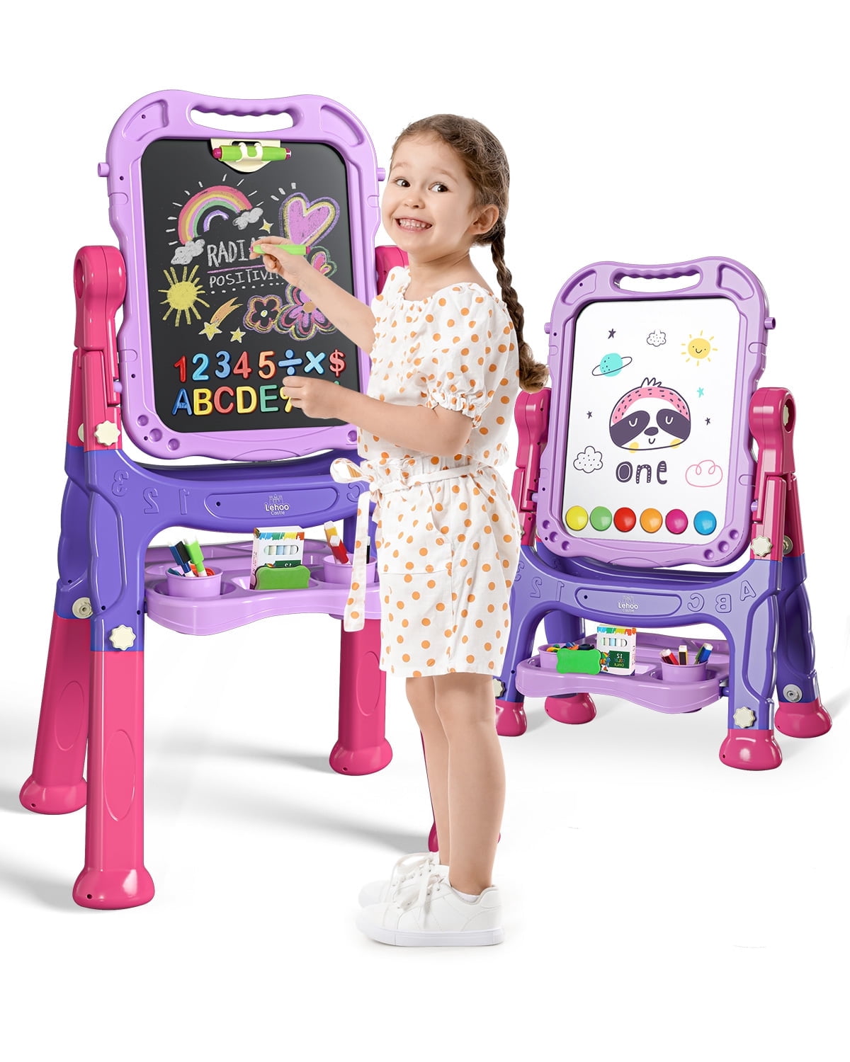 Easel for Kids, Kids Easel 4 in 1 Rotatable Double Sided Adjustable Standing Art Easel Drawing Board White Board Chalkboard for Toddlers Boys Girls with Painting Accessories - Purple