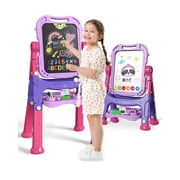 Easel for Kids, Kids Easel 4 in 1 Rotatable Double Sided Adjustable Standing Art Easel Drawing Board White Board Chalkboard for Toddlers Boys Girls with Painting Accessories - Purple