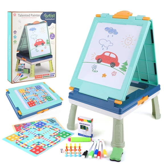 Easel for Kids,Tabletop Easel for Toddler, Foldable 4 in 1 Double Sided Kids Art Easel with Chalkboard & Magnetic Whiteboard,Portable Desktop Drawing Board - Gift for Boys and Girls