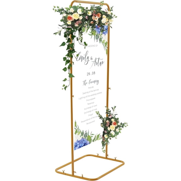 Easel Stand for Display Wedding Sign & Poster, 4.9ft Gold Wedding Sign Stand for Welcome Sign Guest List Directory Stand Table Menu, Metal Floor Standing Easels